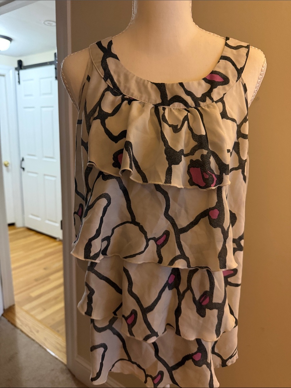 LOFT Cream Tiered Ruffle Camisole with Black & Pink Abstract Print